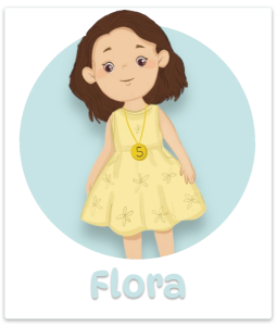 Flora, the flower-loving girl from TT Forest Adventure, surrounded by 5-petaled blooms in the Sunny Meadow