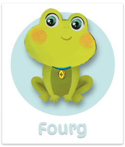 Fourg the frog from TT Forest Adventure, leaping in fours and showing his four fingers