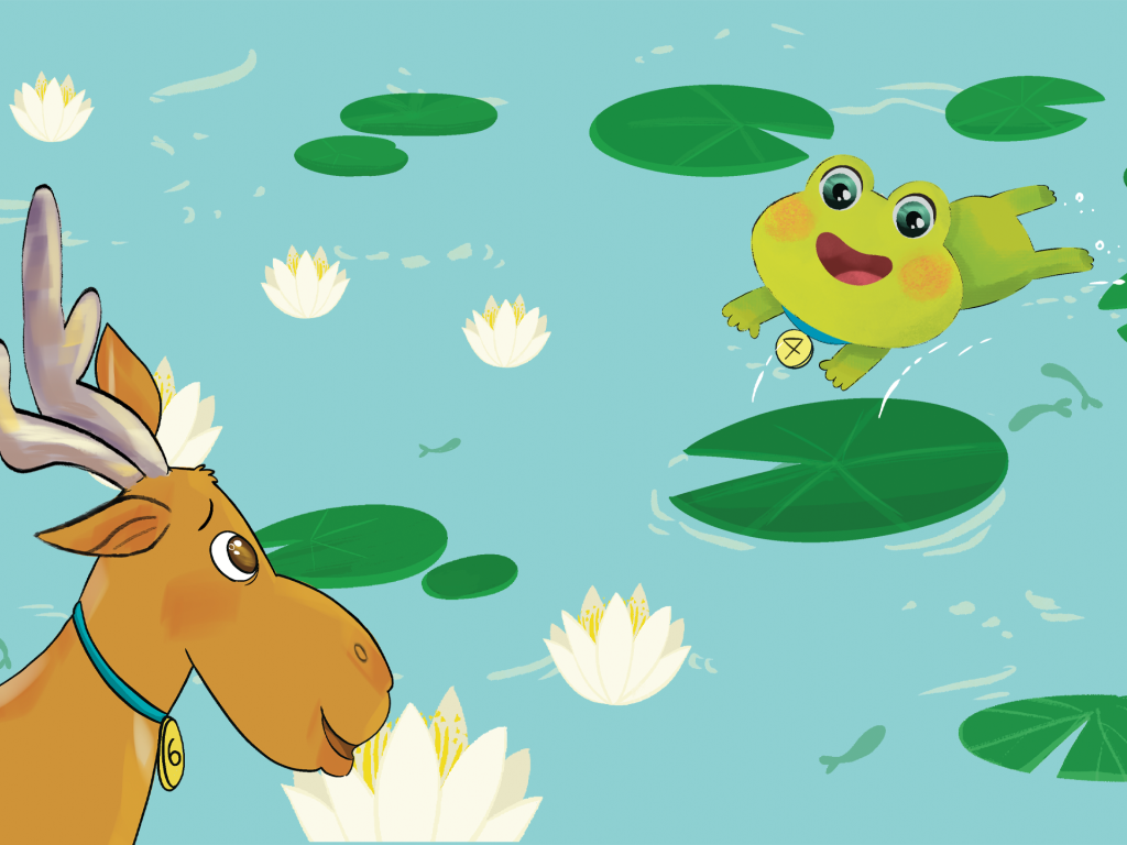 Illustrated story page from Sixby’s TT Forest Adventure by FUNS Books, teaching times tables through characters, rhyme, and magical forest scenes