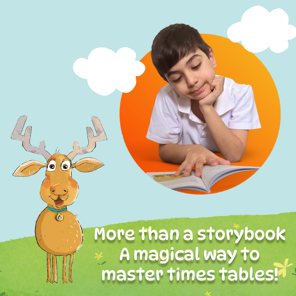 A young boy reading Sixby’s TT Forest Adventure with Sixby the deer beside him, bringing times tables to life through storytelling