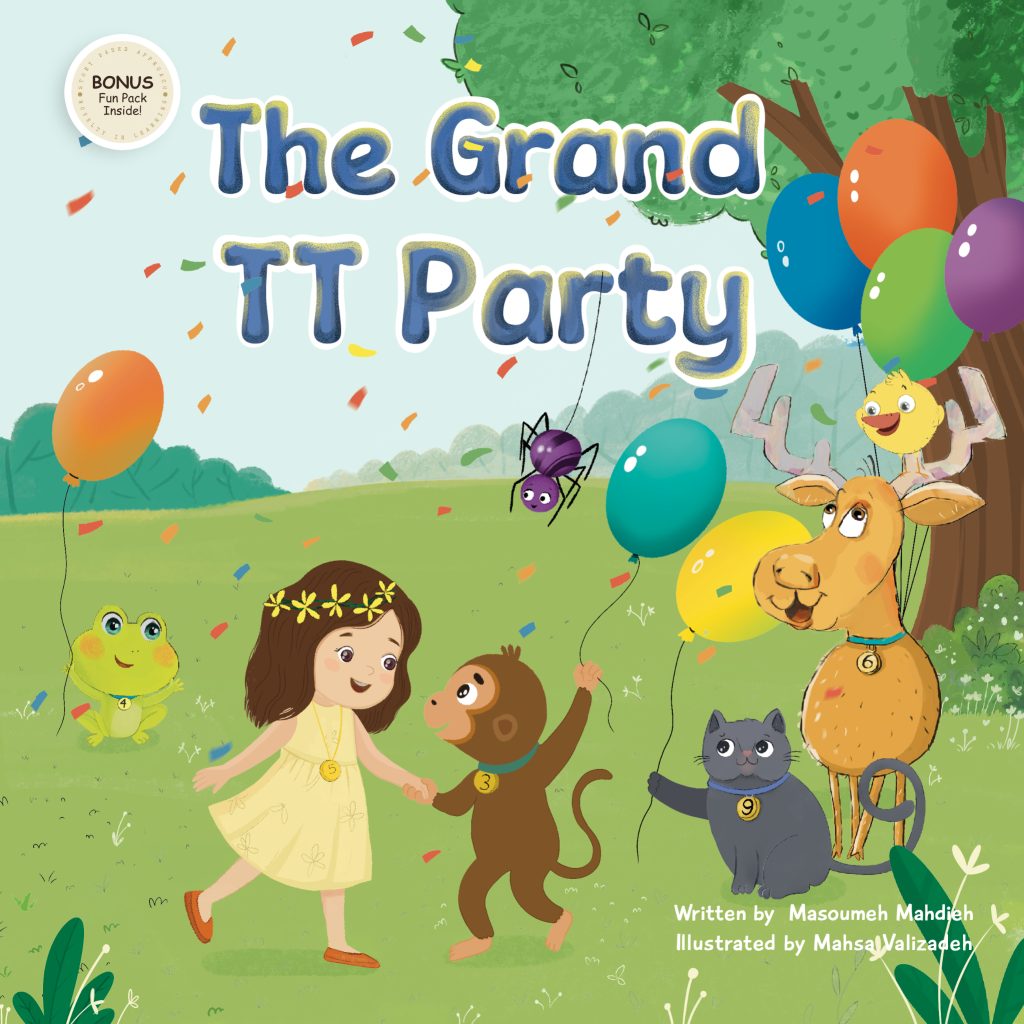 Front cover of The Grand TT Party, a children’s multiplication storybook by Masoumeh Mahdieh.